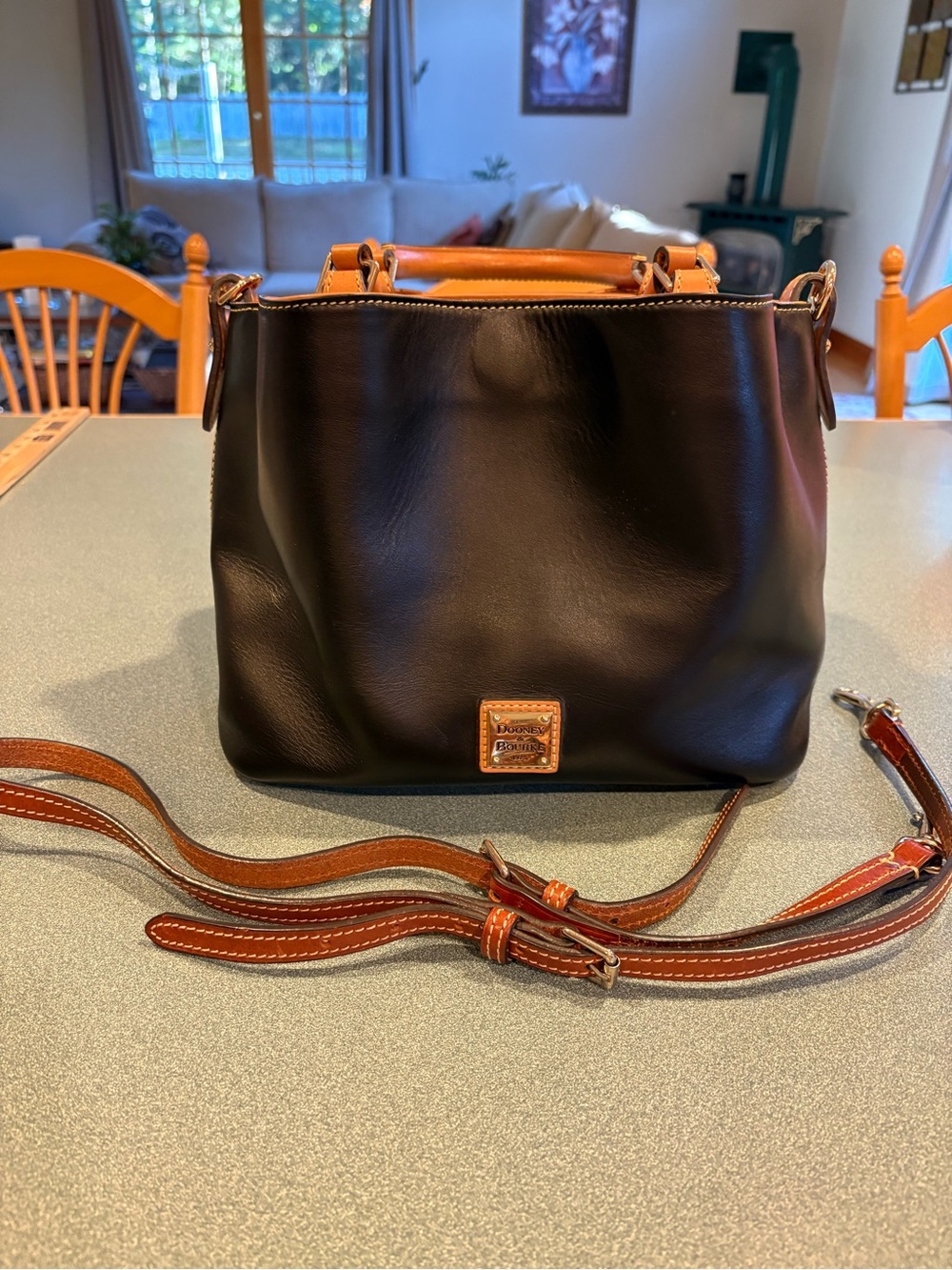 Dooney & Bourke Black Satchel with Tan Trim